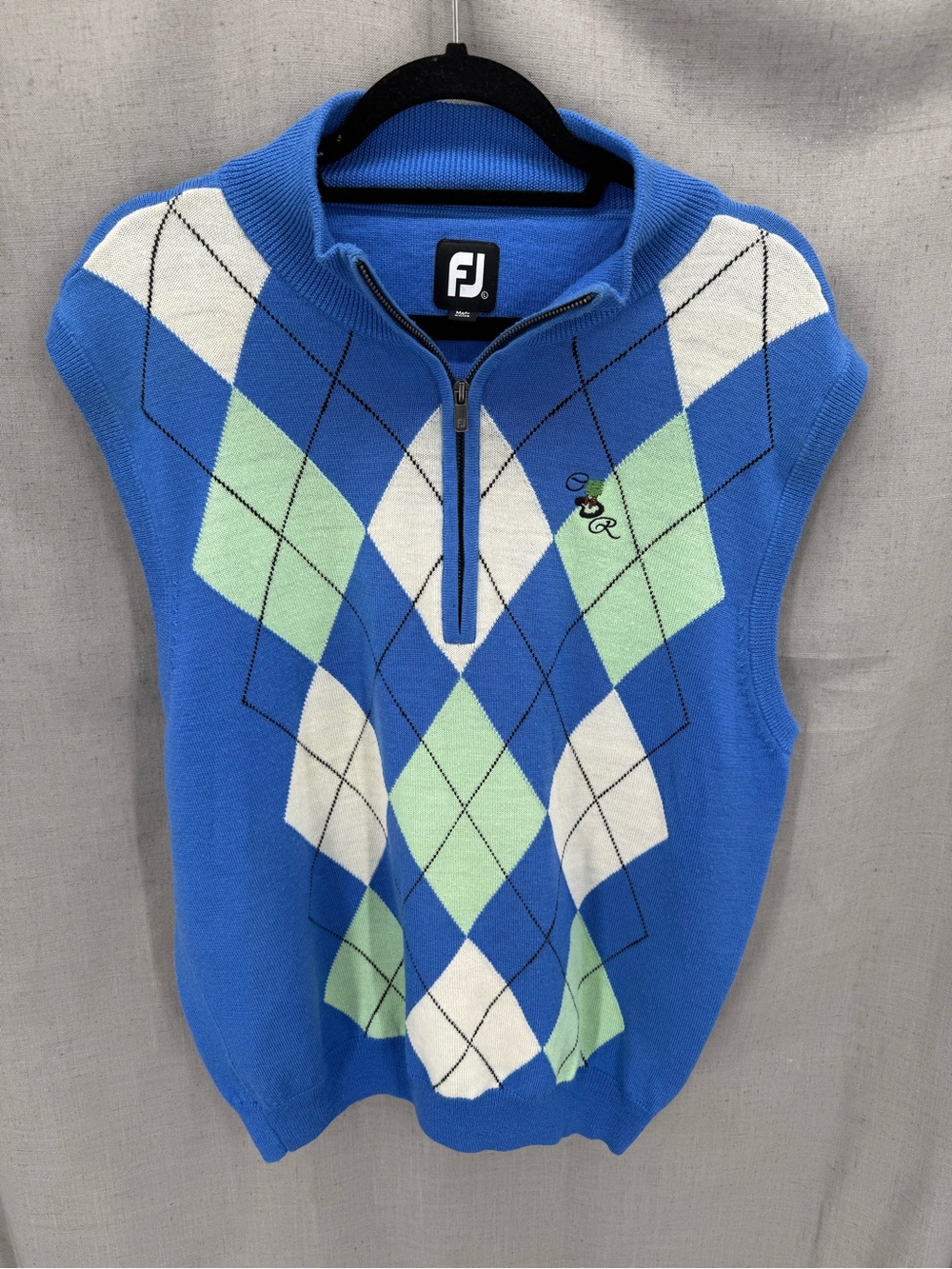 Men's FJ Partial Zip Wool Sweater Vest Size L Pullover Blue Diamond Print Mock
